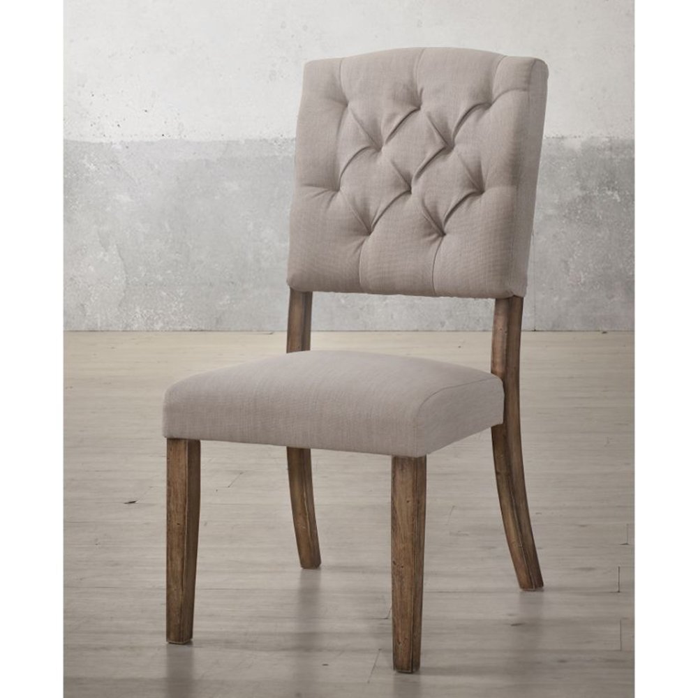 Set of 2 Linen Upholstered Side Chair in Cream and Weathered Oak Finish. Picture 2