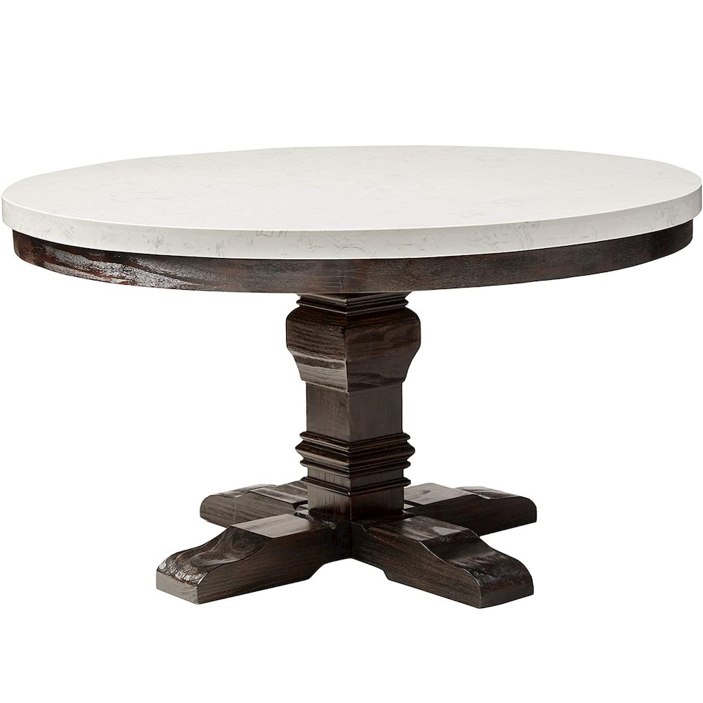 Round Marble Top Dining Table in White and Salvage Dark Oak. Picture 1