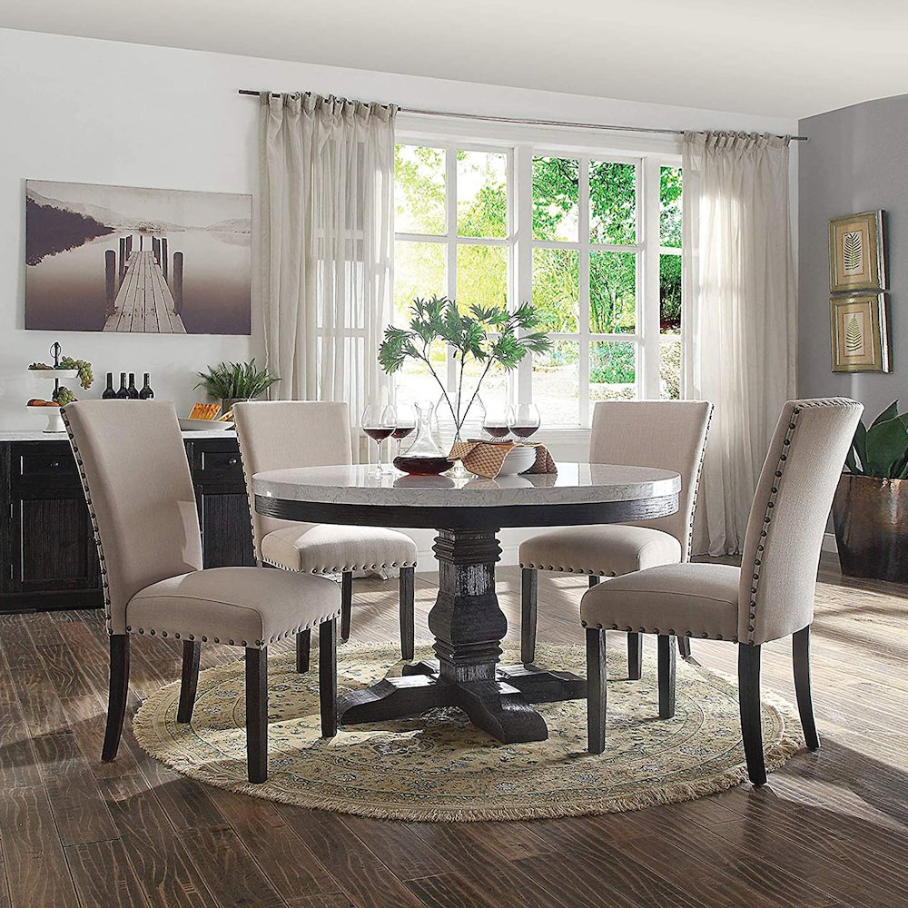 Round Marble Top Dining Table in White and Salvage Dark Oak. Picture 5