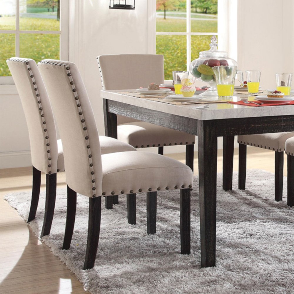 Set of 2 Beige Linen Side Chair in Salvage Dark Oak Finish. Picture 2