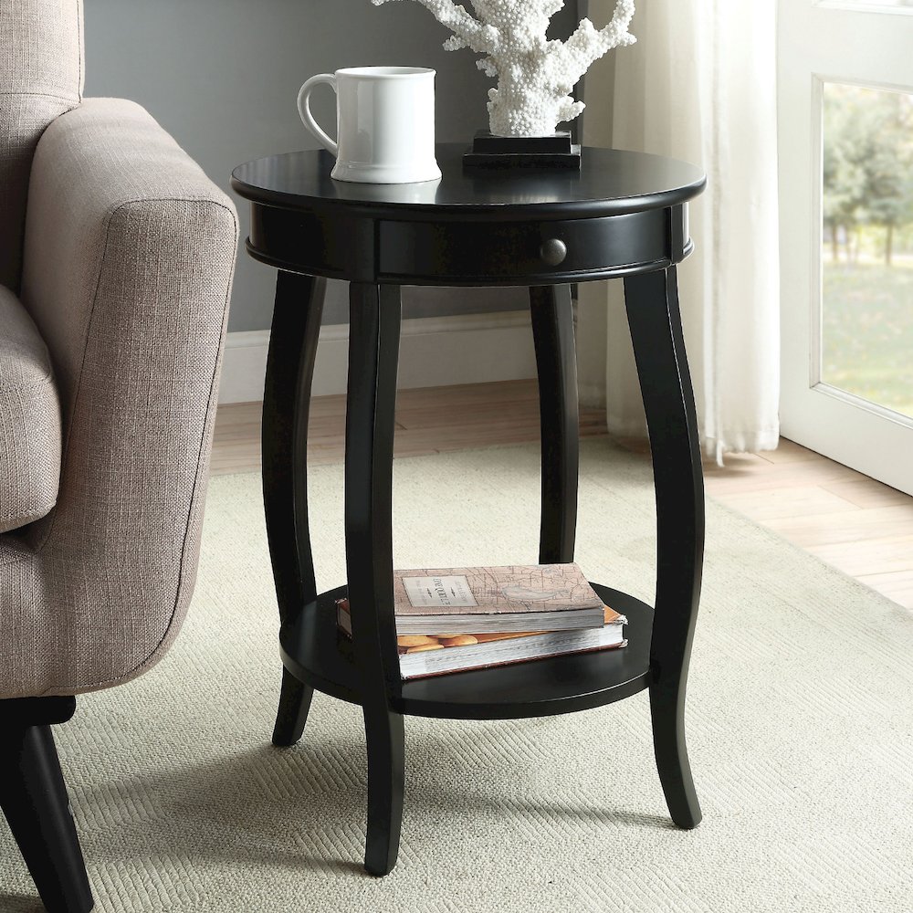 Wooden Round End Table with Bottom Shelf in Black. Picture 2