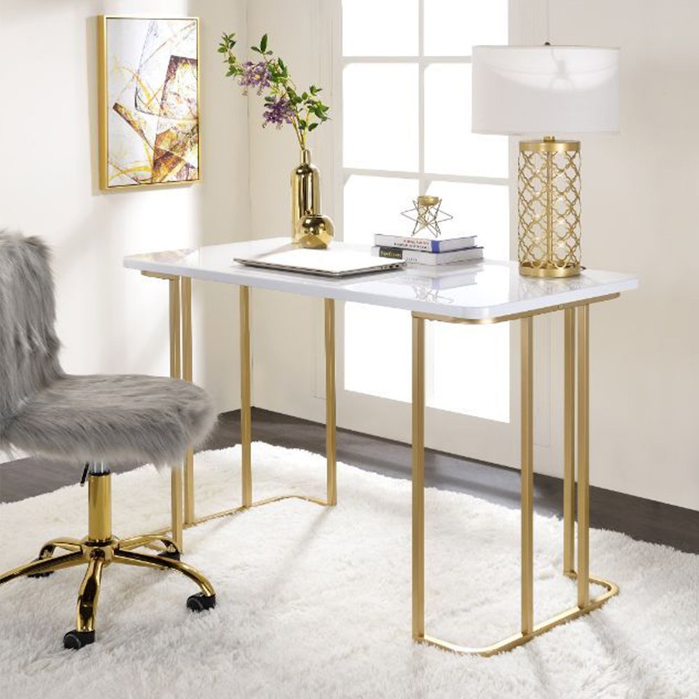 Writing Desk with Gold Base in White. Picture 2