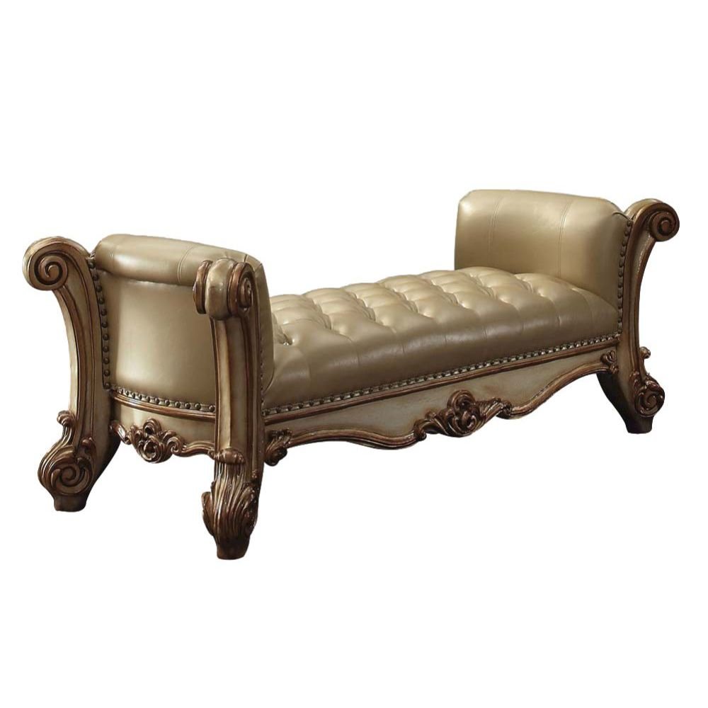 Upholstered Bedroom Bench with Button Tufted Seat in Bone and Gold Patina. Picture 1