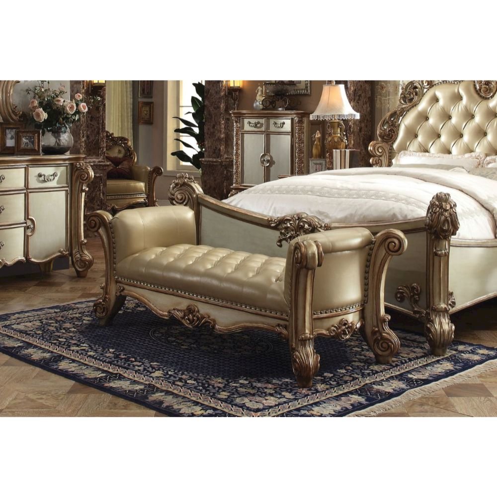 Upholstered Bedroom Bench with Button Tufted Seat in Bone and Gold Patina. Picture 2