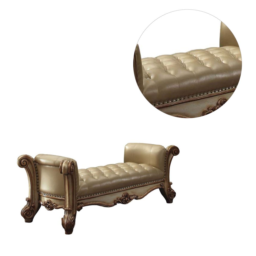 Upholstered Bedroom Bench with Button Tufted Seat in Bone and Gold Patina. Picture 4