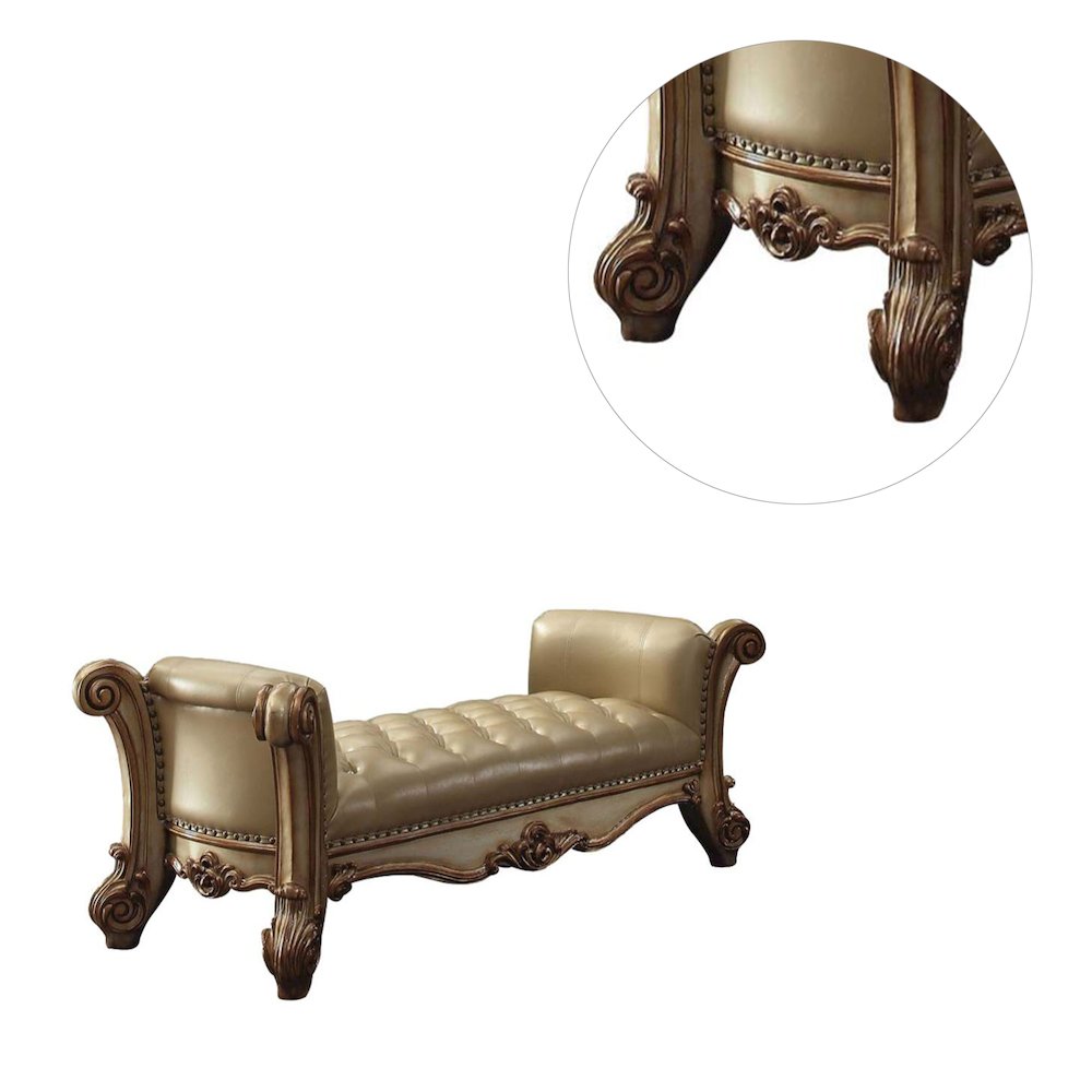 Upholstered Bedroom Bench with Button Tufted Seat in Bone and Gold Patina. Picture 5