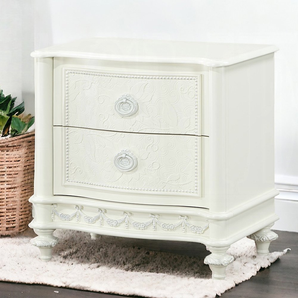 2 Drawers Wooden Nightstand with Metal Handles in Ivory Finish. Picture 2
