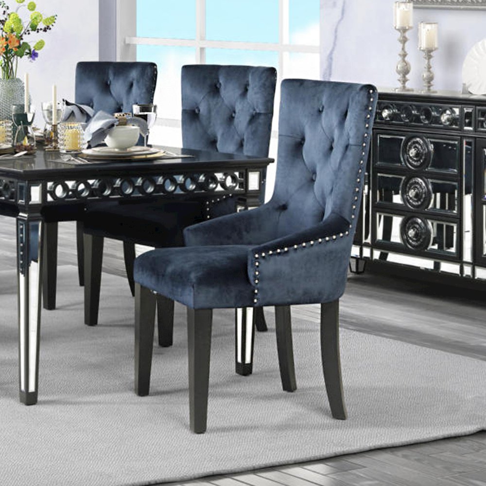 Button Tufted Velvet Dining Chair in Blue and Black Finish. Picture 2