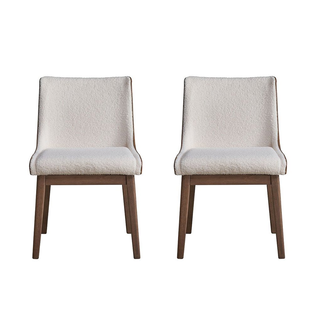 Set of 2 White Boucle Upholstered Dining Chair with Wingback in Walnut. Picture 1