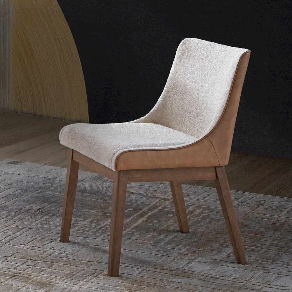 Set of 2 White Boucle Upholstered Dining Chair with Wingback in Walnut. Picture 2