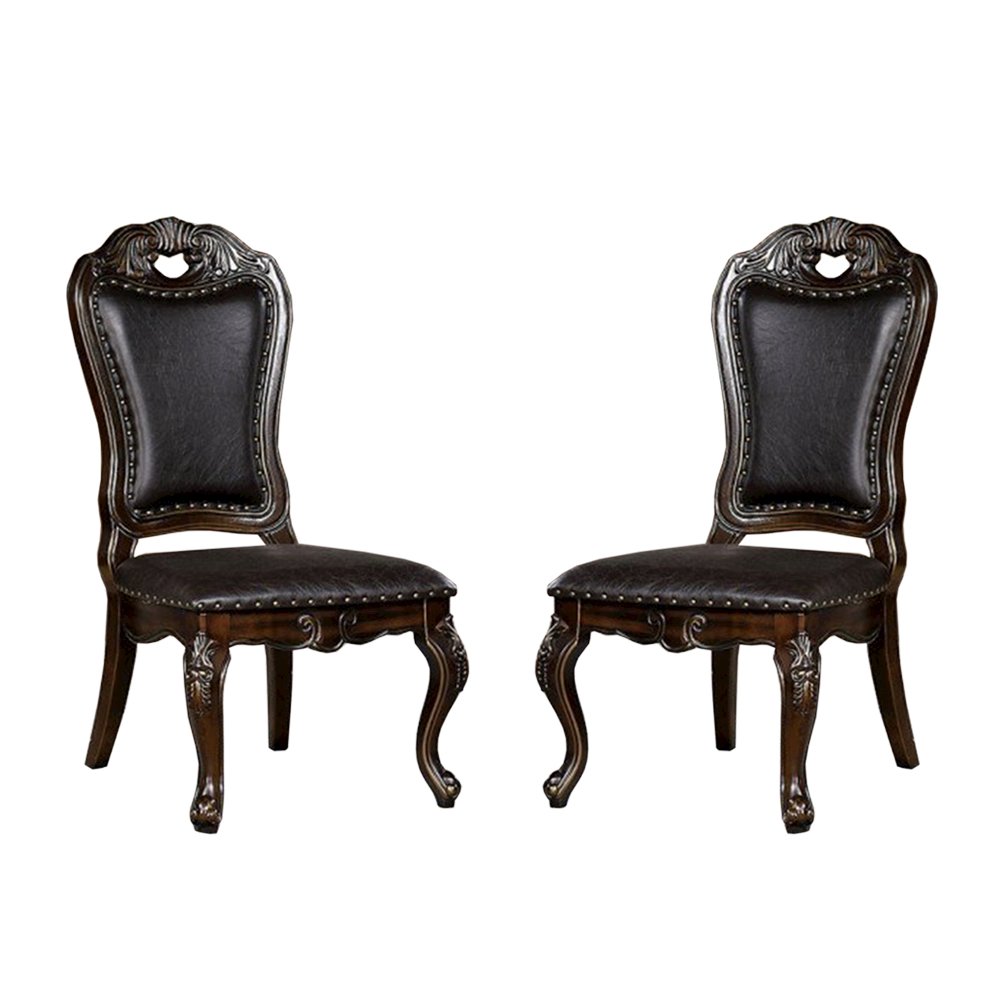 Set of 2 Leatherette Side Chairs with Nailhead Trim in Walnut and Dark Brown. Picture 1