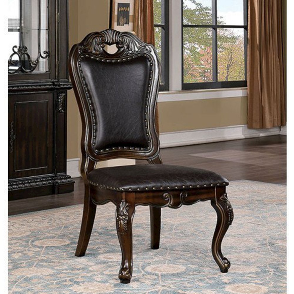 Set of 2 Leatherette Side Chairs with Nailhead Trim in Walnut and Dark Brown. Picture 2