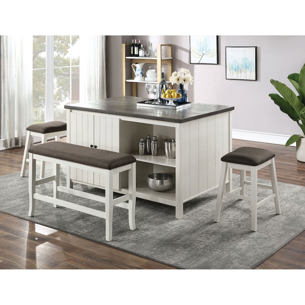 Upholstered Counter Height Bench in Off-White and Dark Gray. Picture 5
