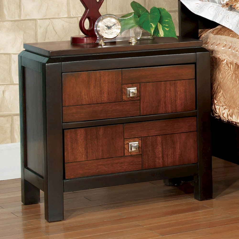 2 Drawers Nightstand With Two-Tone Design, Acacia and Walnut. Picture 2