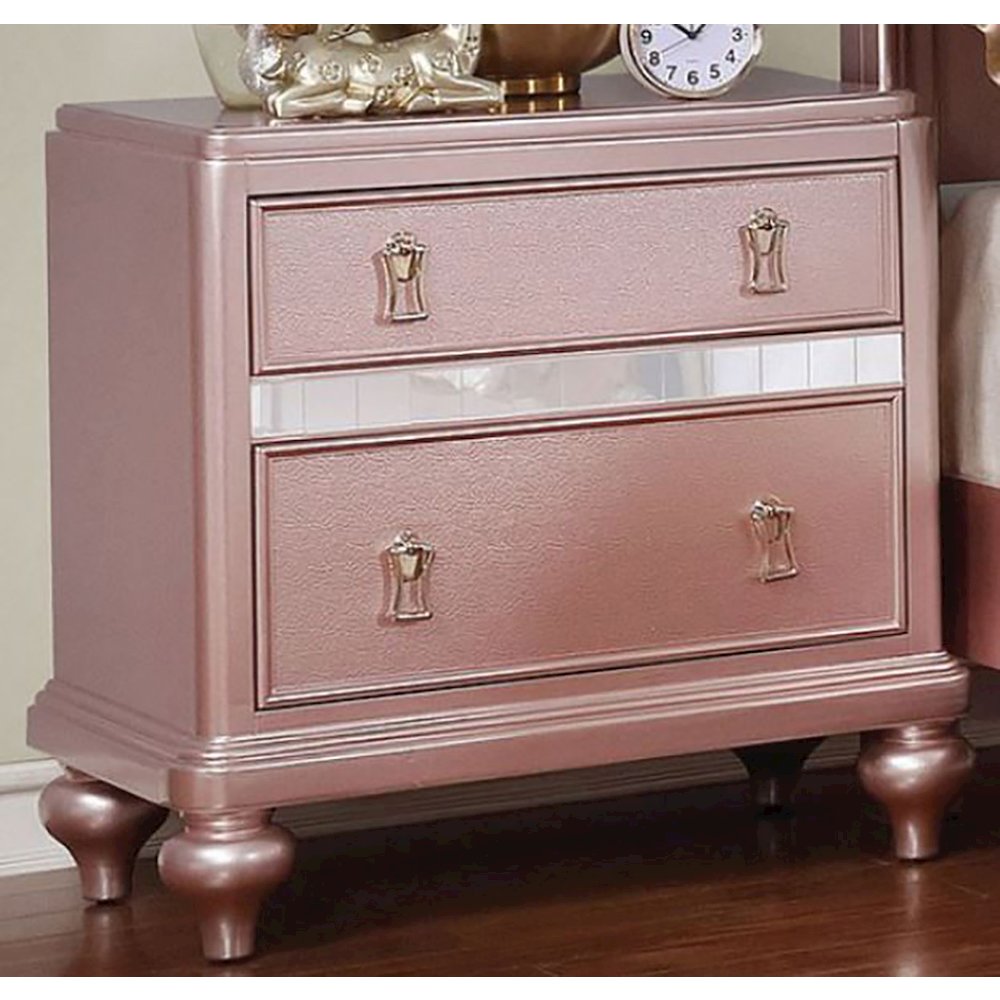 2 Drawers Wooden Nightstand with Mirror Trim, Rose Gold. Picture 2