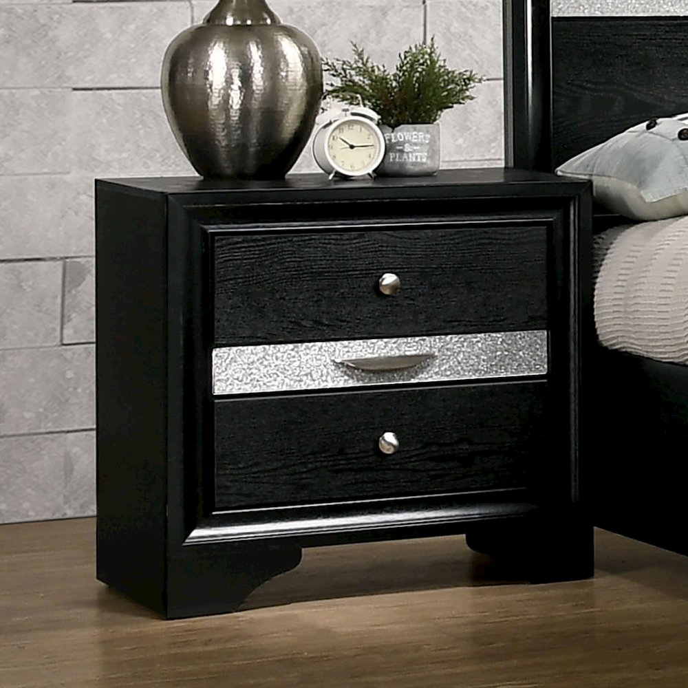 2 Drawers Wooden Night Stand with Round Handle Design in Black. Picture 2