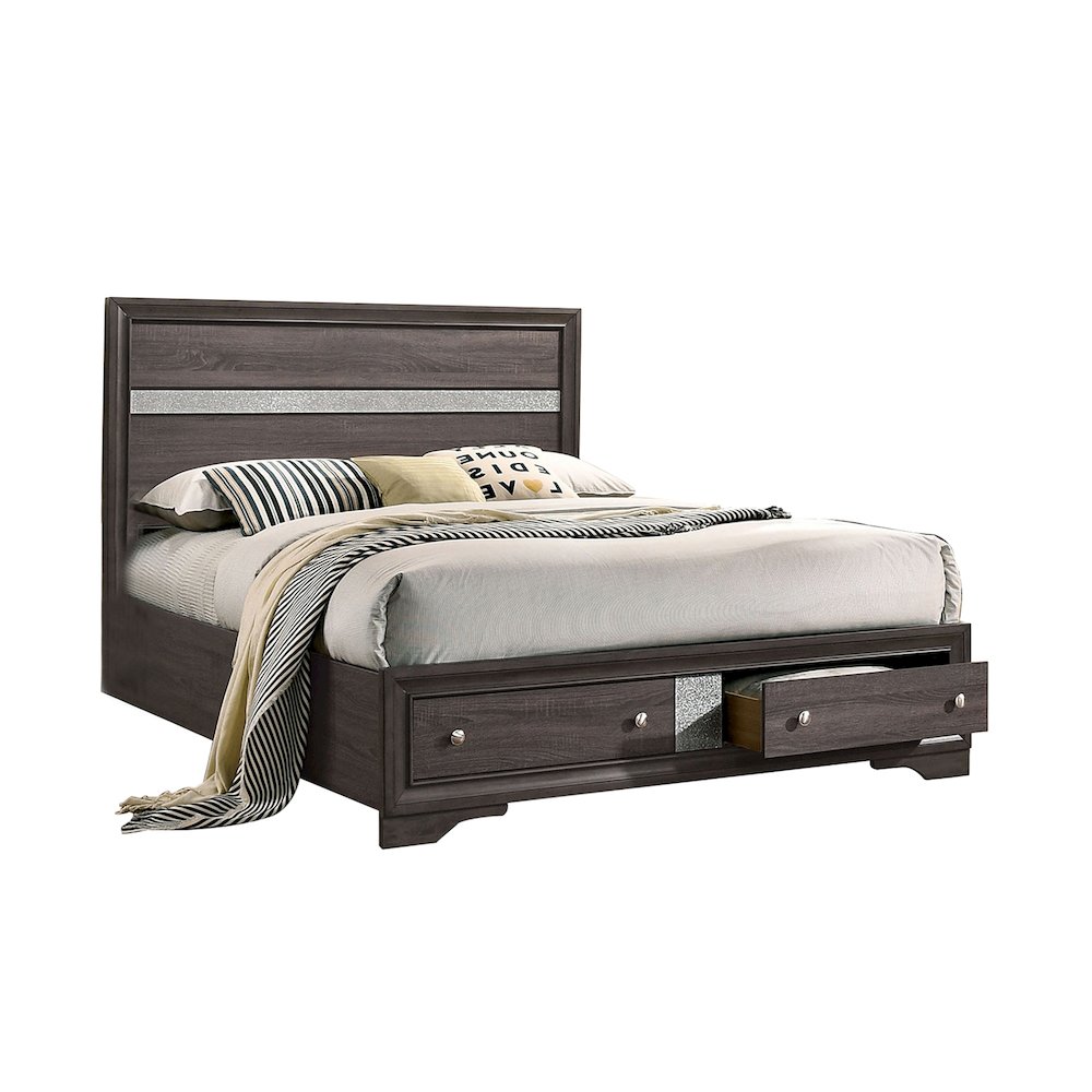 Wooden Queen Bed with Two Footboard Drawers in Gray. Picture 1