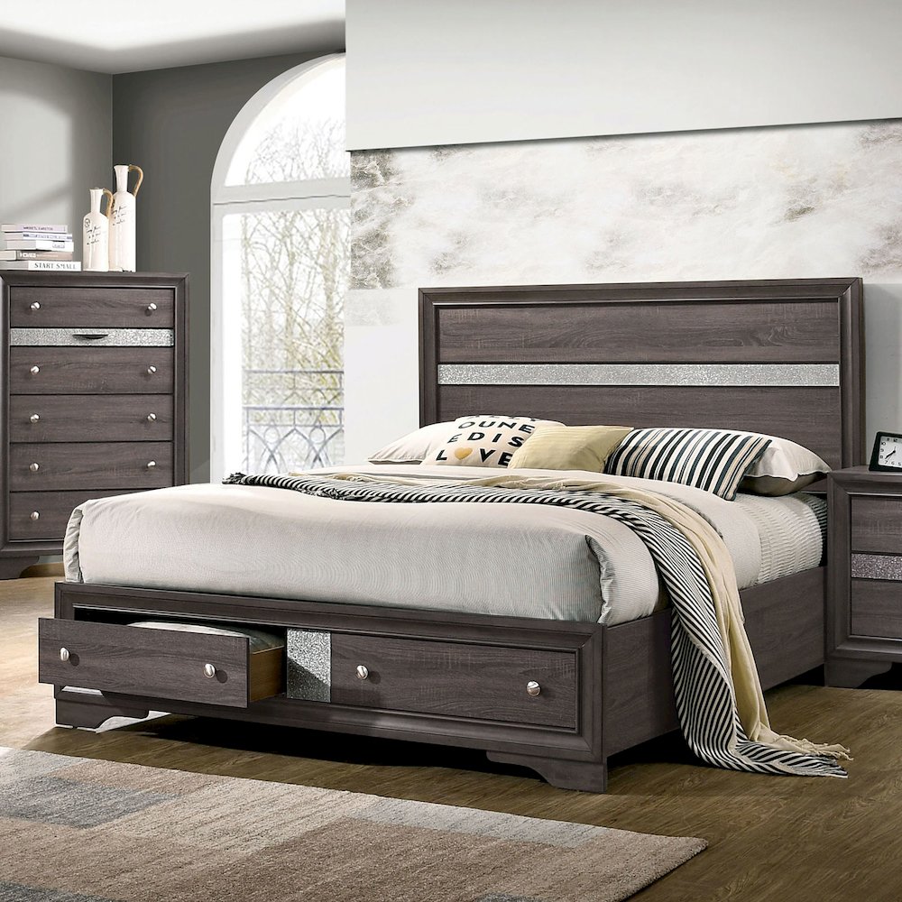 Wooden Queen Bed with Two Footboard Drawers in Gray. Picture 2