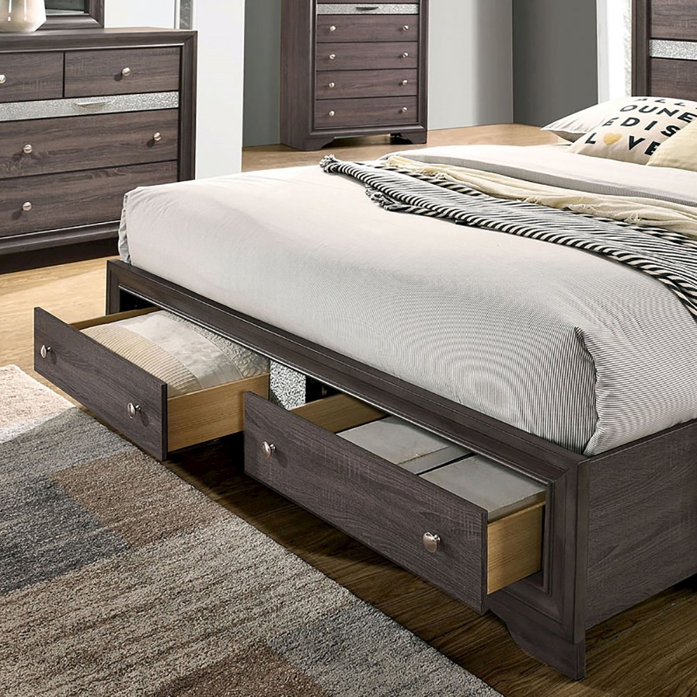 Wooden Queen Bed with Two Footboard Drawers in Gray. Picture 4