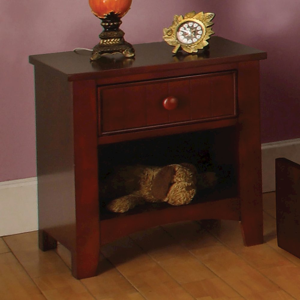 Wooden Nightstand with a Drawer in Cherry Finish. Picture 2