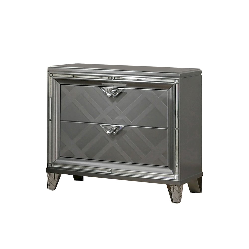 Mirror and Wood Nightstand with 2 Drawers in Silver Finish. Picture 1