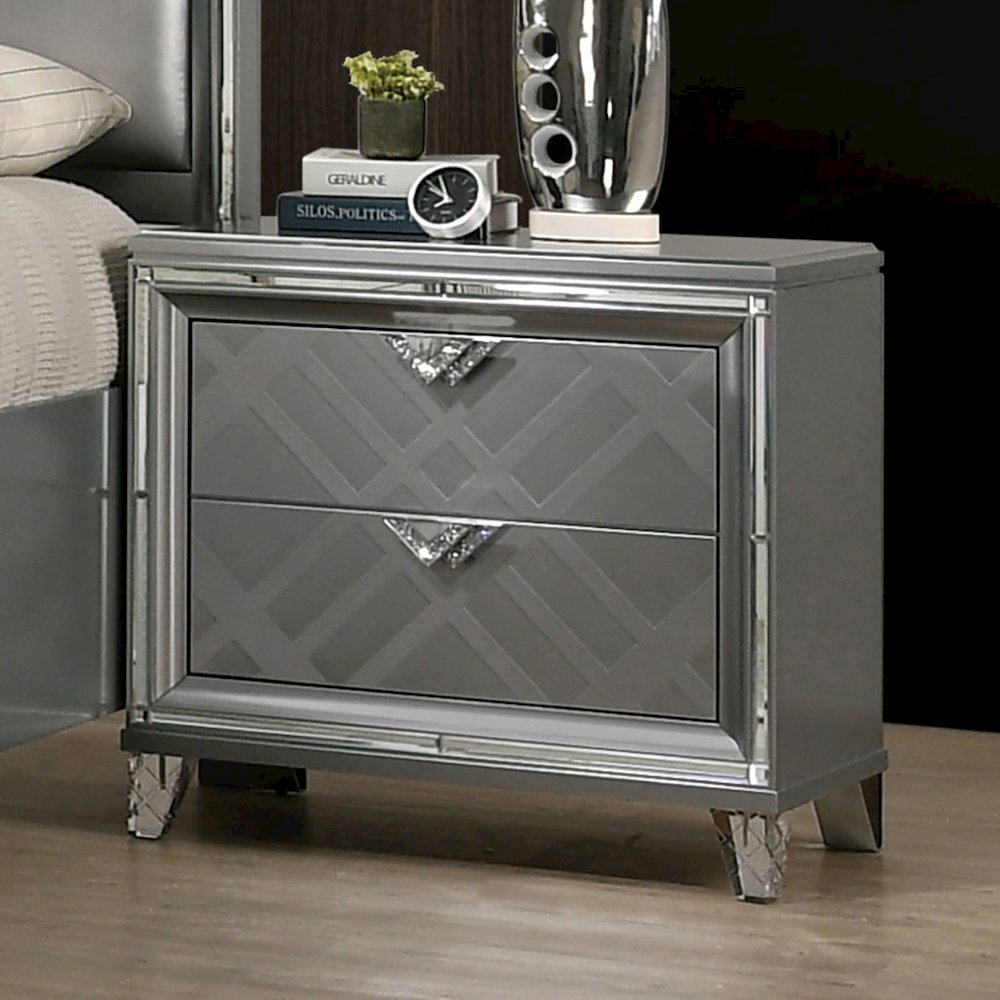 Mirror and Wood Nightstand with 2 Drawers in Silver Finish. Picture 2
