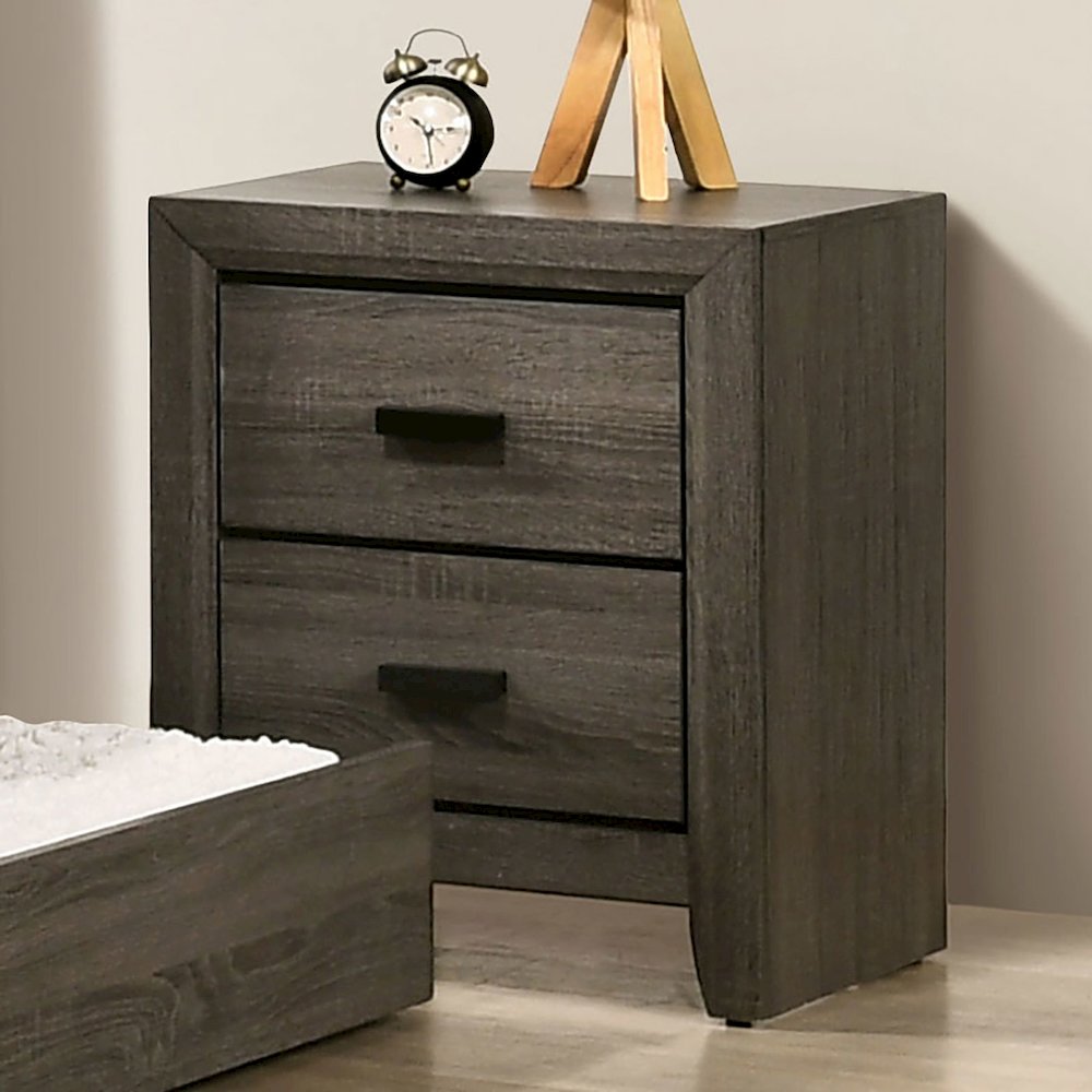 2 Drawers Wooden Nightstand With Black Rectangular Pulls, Gray. Picture 2