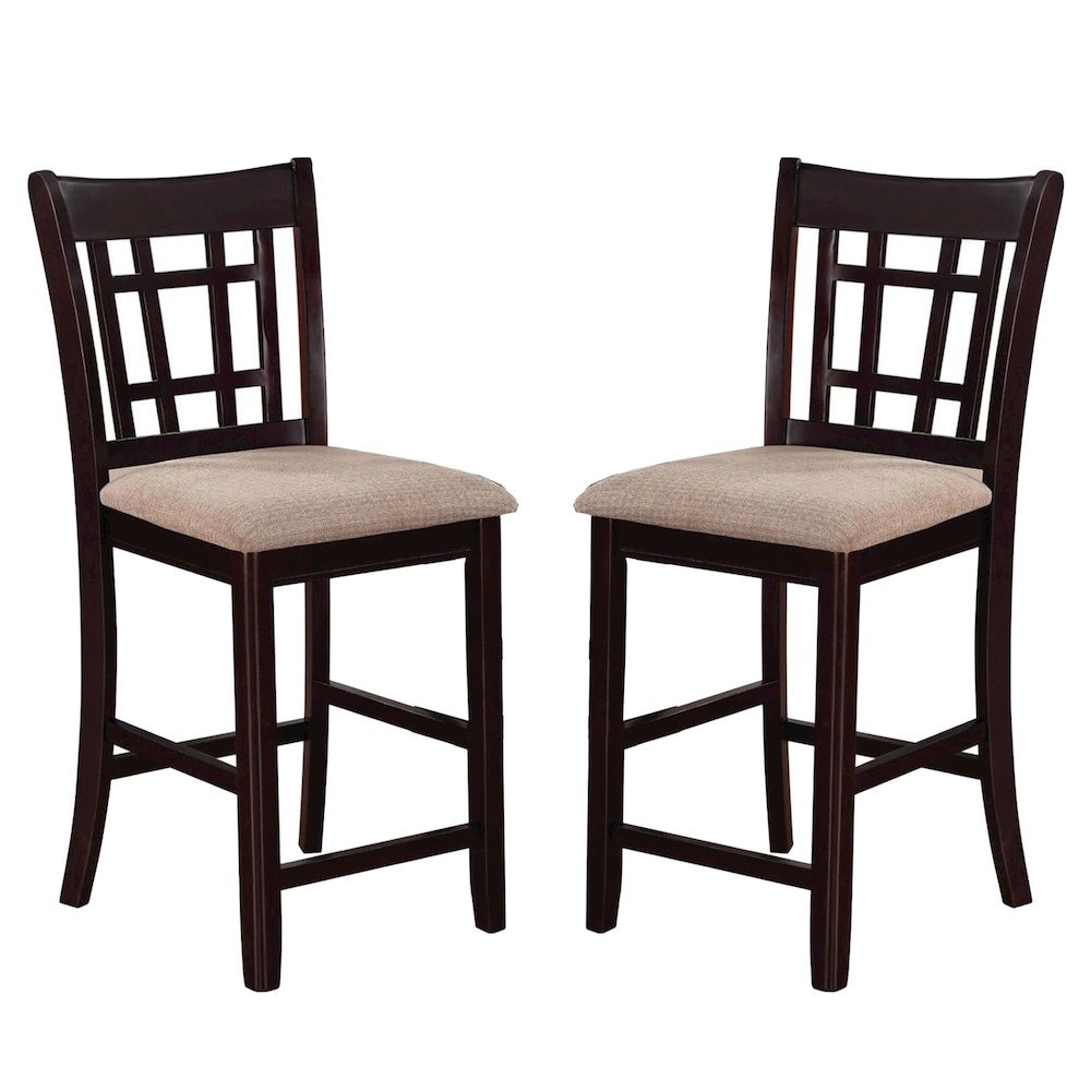 Set of 2 Counter Height Stools in Tan and Espresso. Picture 1