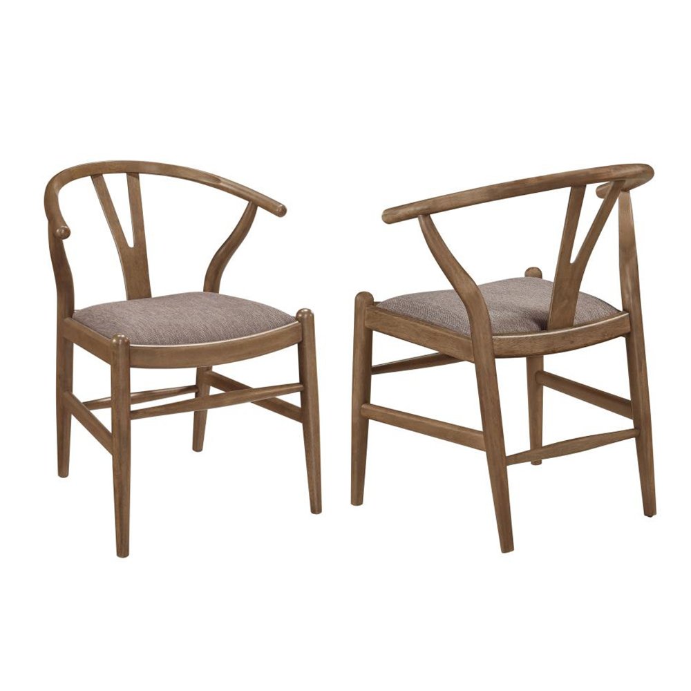 Set of 2 Upholstered Y-Shaped Back Wishbone Dining Side Chairs, Walnut and Brown. Picture 1