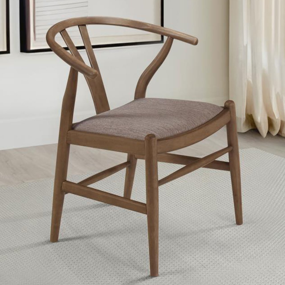 Set of 2 Upholstered Y-Shaped Back Wishbone Dining Side Chairs, Walnut and Brown. Picture 2