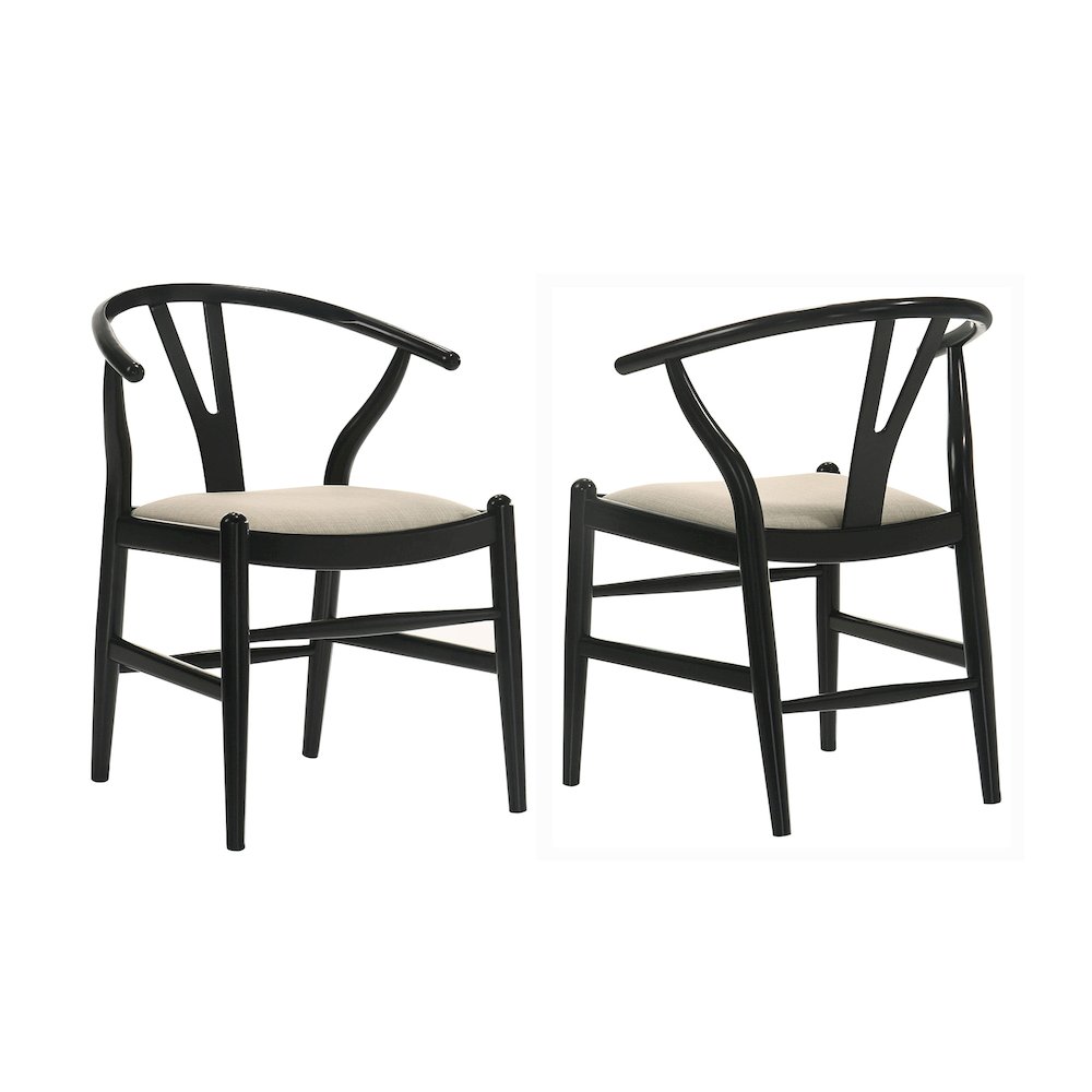 Set of 2 Upholstered Y-Shaped Back Wishbone Dining Side Chairs, Black and Beige. Picture 1