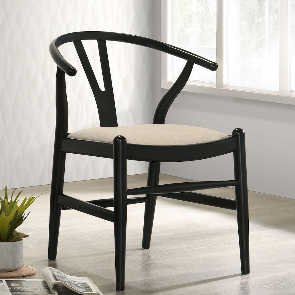 Set of 2 Upholstered Y-Shaped Back Wishbone Dining Side Chairs, Black and Beige. Picture 2