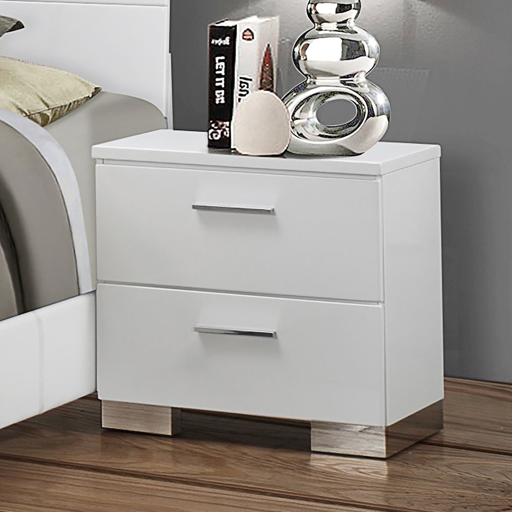 Wood Nightstand with 2 Drawers in Glossy White. Picture 2