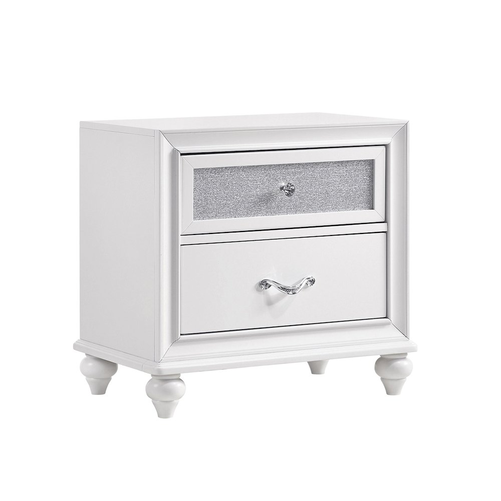 2 Drawers Nightstand With Acrylic Crystal Accent, Grey and White. Picture 1