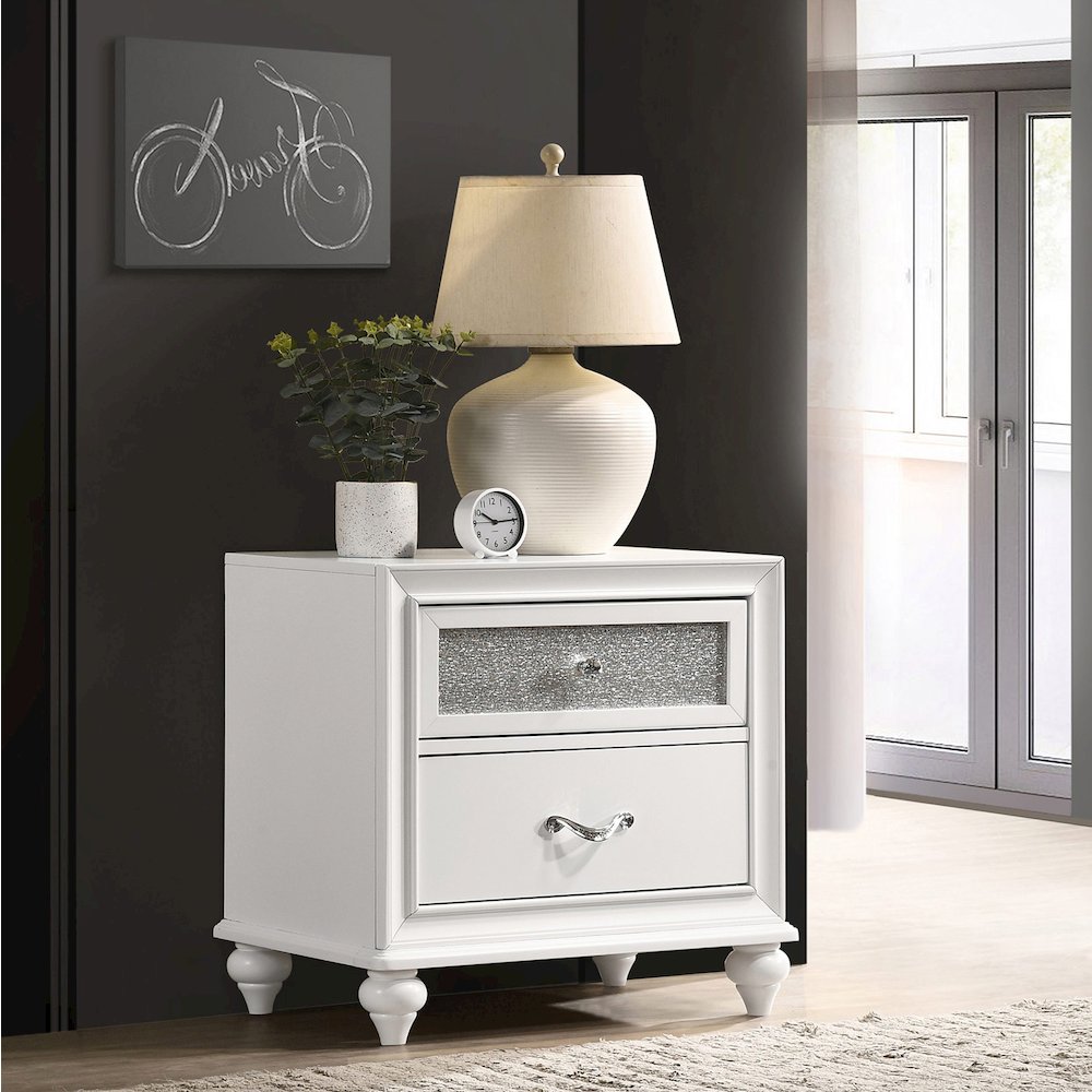 2 Drawers Nightstand With Acrylic Crystal Accent, Grey and White. Picture 2