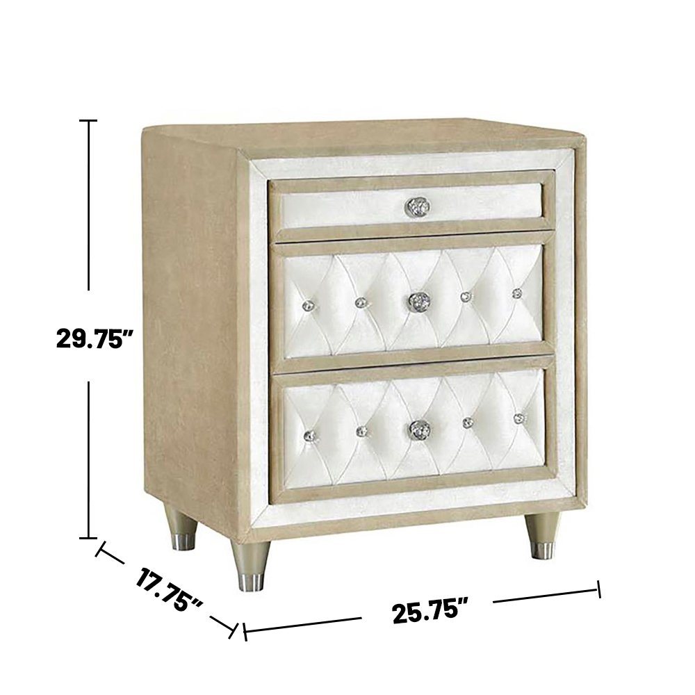 3 Drawers Velvet Nightstand in Ivory and Camel. Picture 3