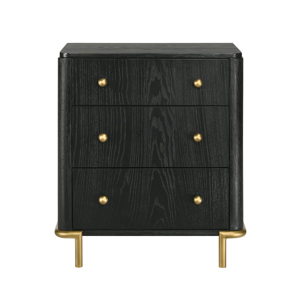 3 Drawers Wooden Nightstand with Built-in USB Port in Black and Gold. Picture 1
