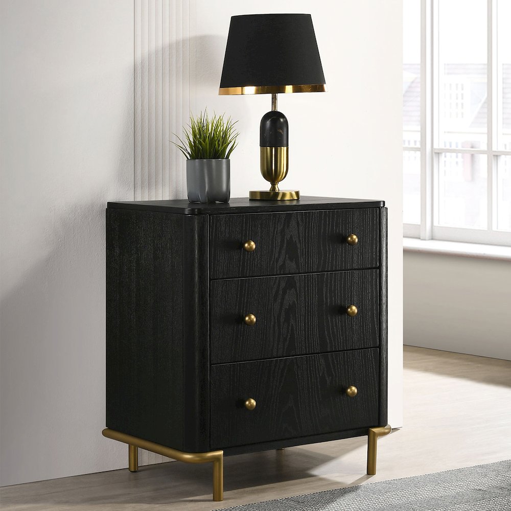 3 Drawers Wooden Nightstand with Built-in USB Port in Black and Gold. Picture 2