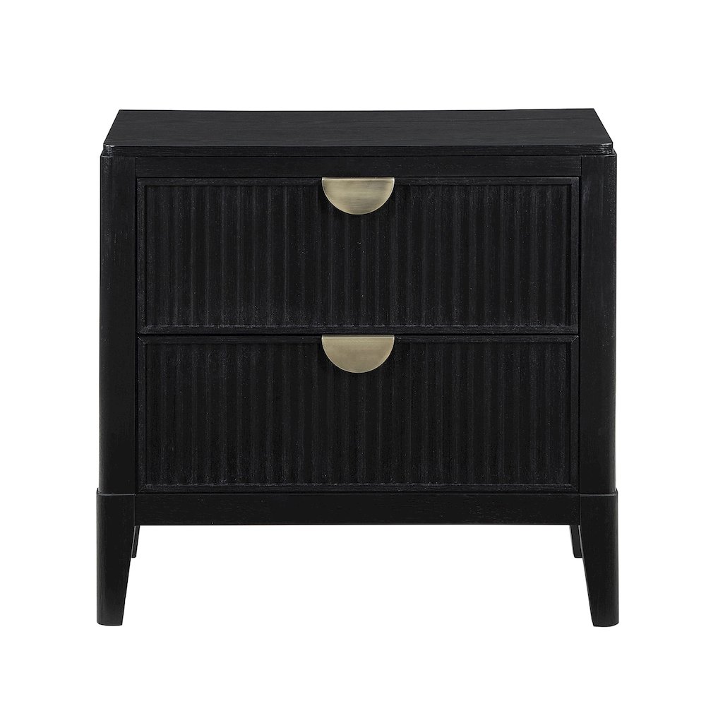 2 Drawers Wooden Nightstand with Demi-lune Metal Handles in Black. Picture 1
