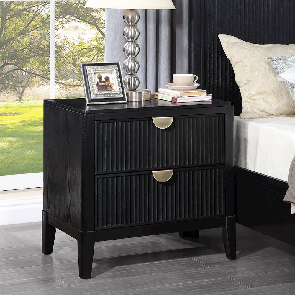 2 Drawers Wooden Nightstand with Demi-lune Metal Handles in Black. Picture 2