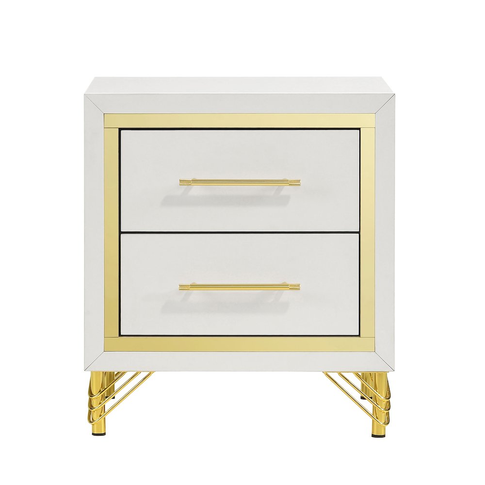 2 Drawers Wooden Nightstand with Metal Handles in White and Gold. Picture 1