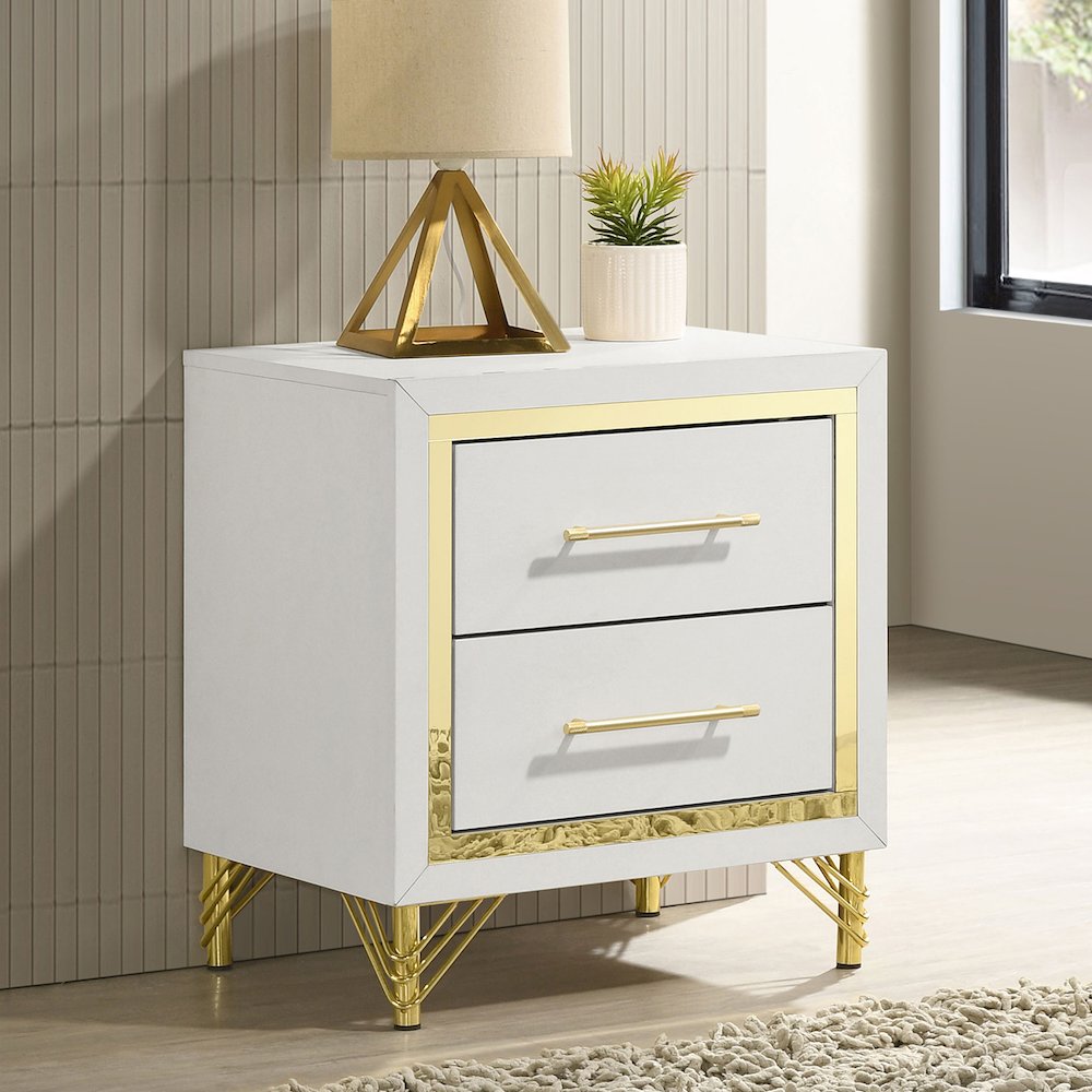 2 Drawers Wooden Nightstand with Metal Handles in White and Gold. Picture 2