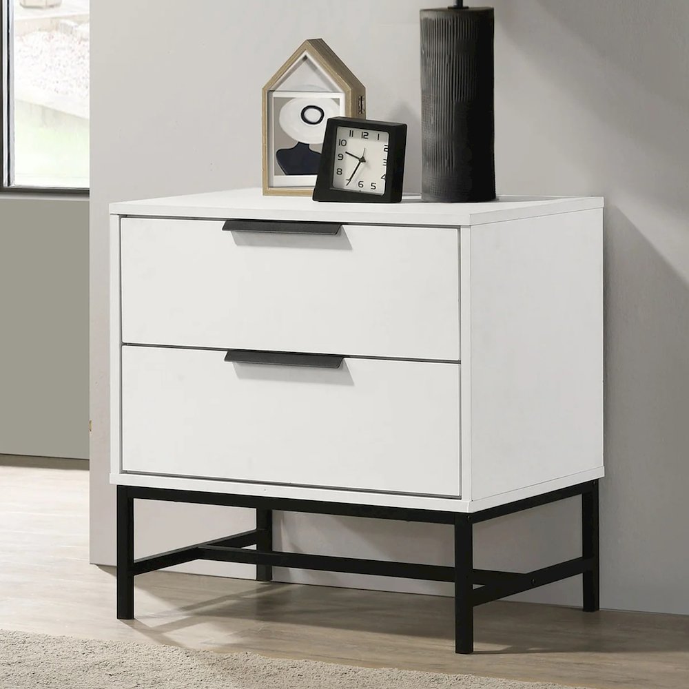 2 Drawers Wooden Nightstand with Bar Pull Handles in White and Black. Picture 2