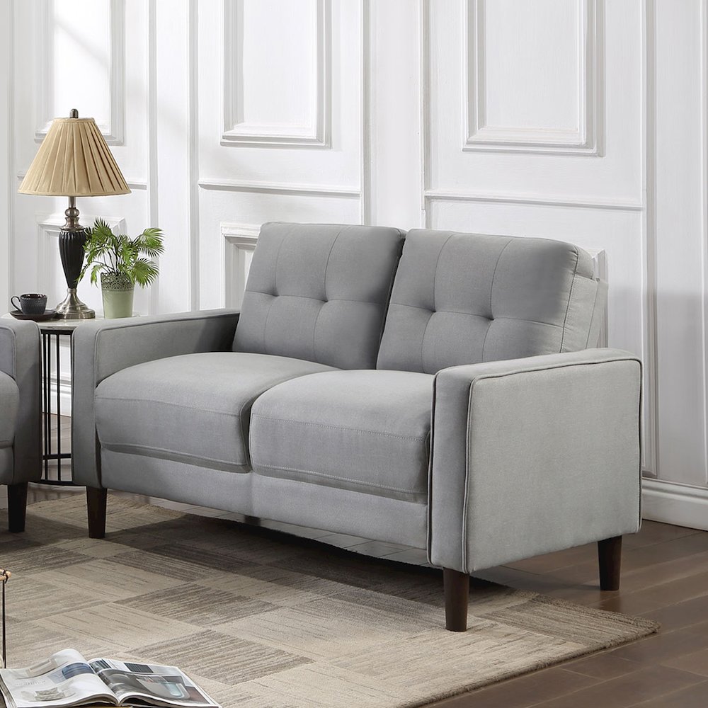 Upholstered Track Arms Tufted Loveseat in Grey and Dark Brown. Picture 2