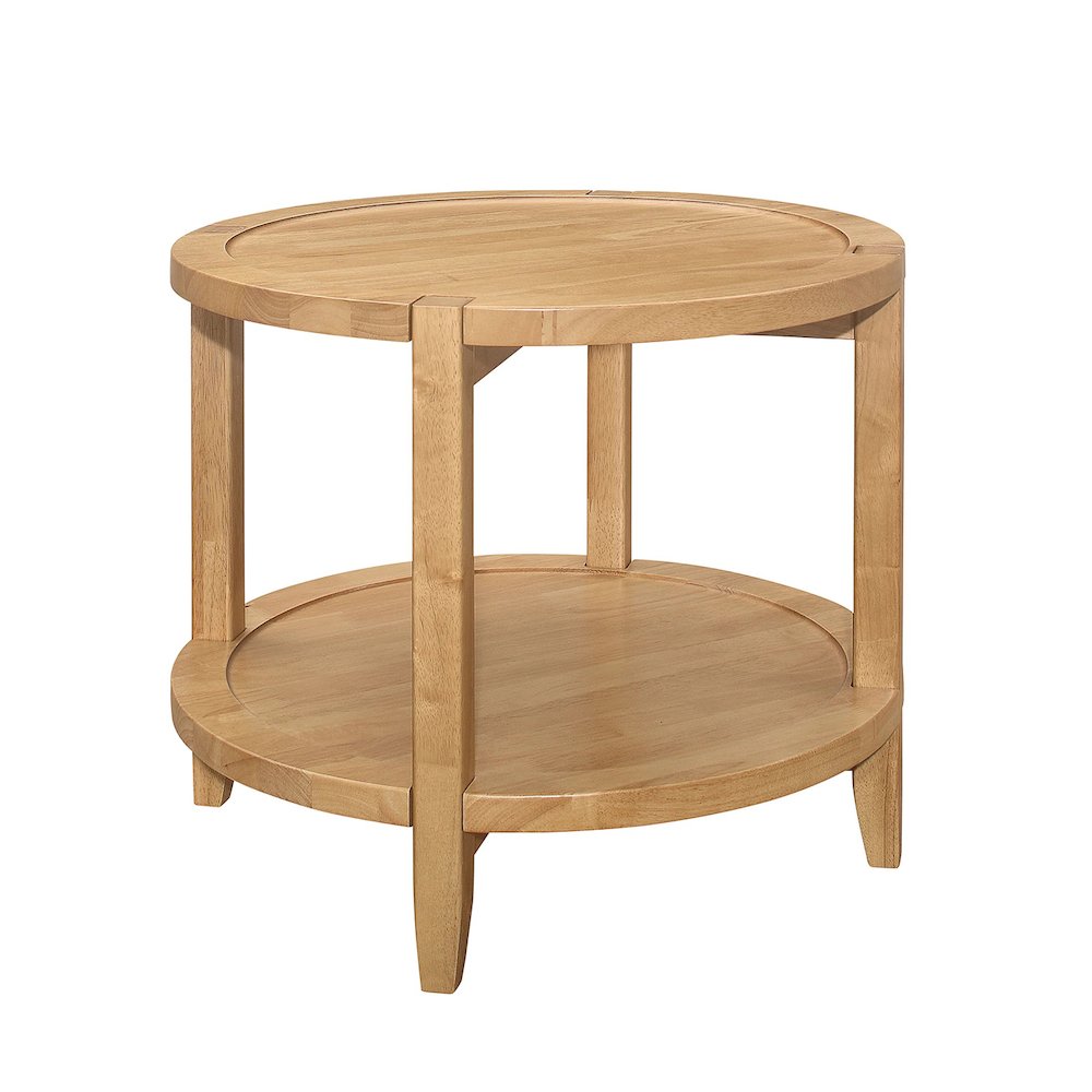 Round Solid Wood Side End Table with 1 Shelf in Maple Brown. Picture 1
