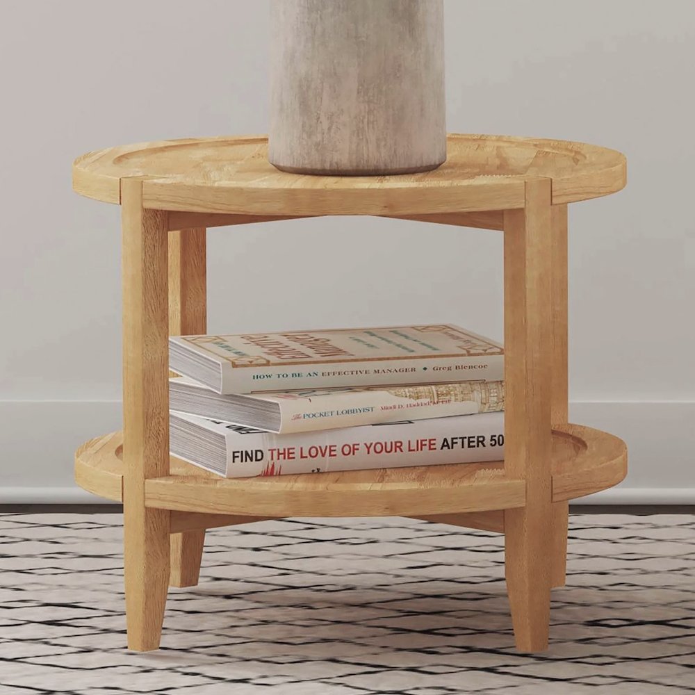 Round Solid Wood Side End Table with 1 Shelf in Maple Brown. Picture 2