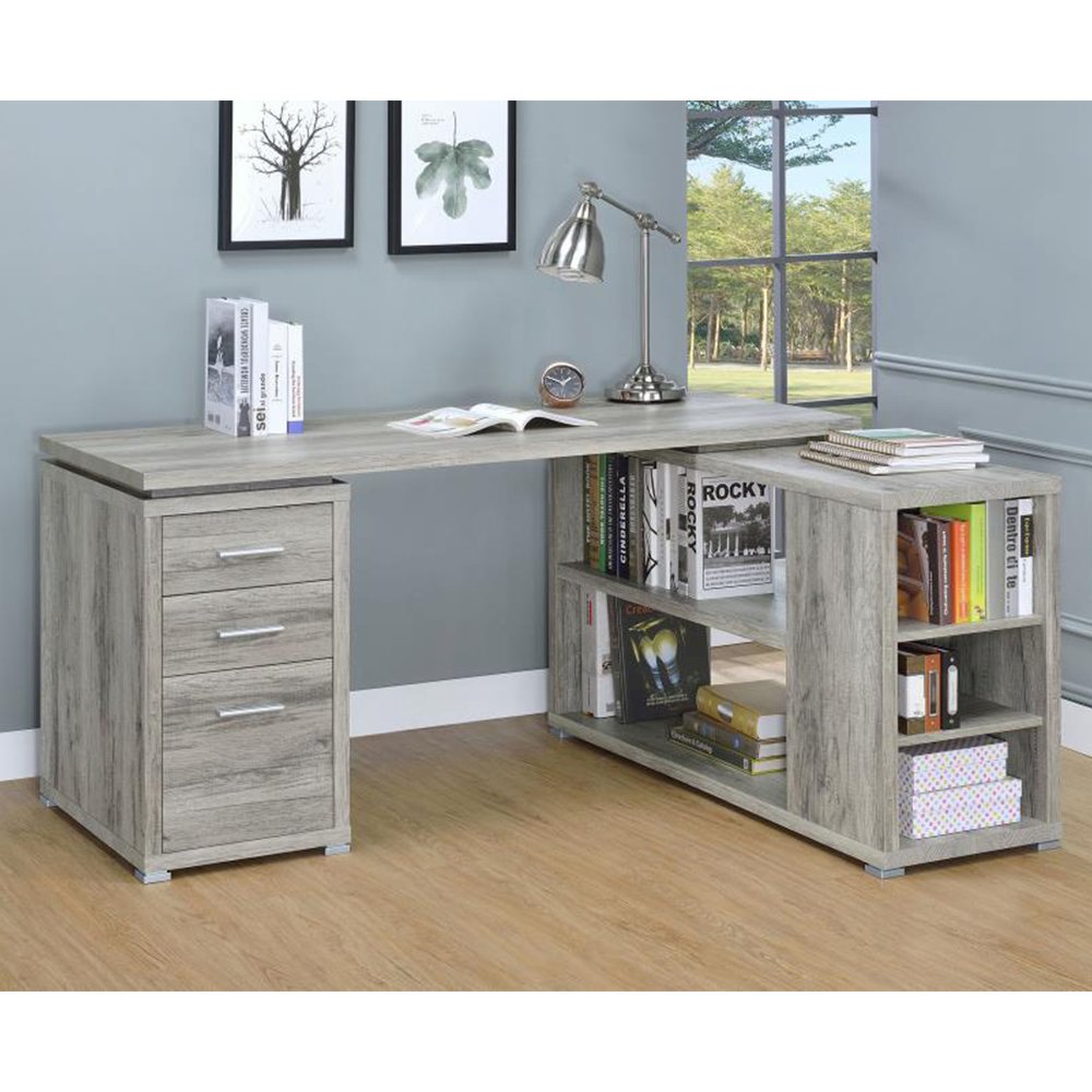 L-Shape Office Desk with 3 Drawers Grey Driftwood. Picture 2