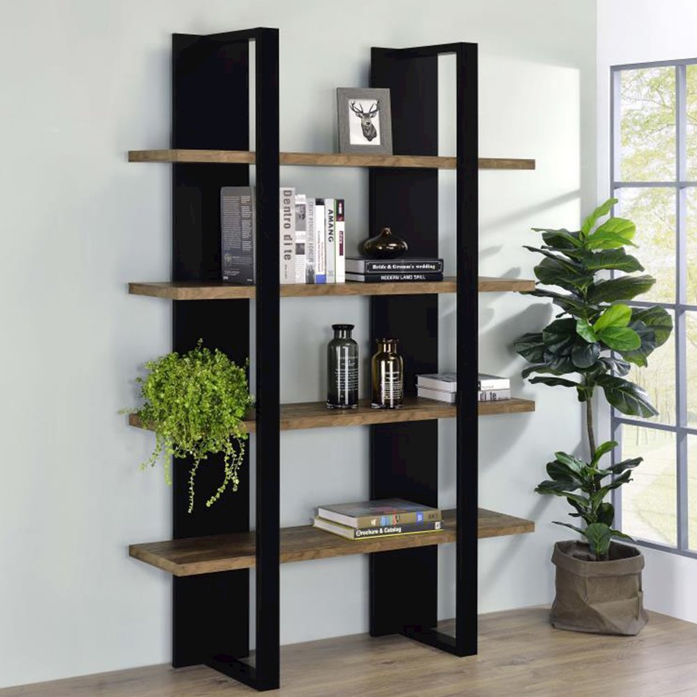 4-shelf Wood Bookcase in Aged Walnut and Black. Picture 2
