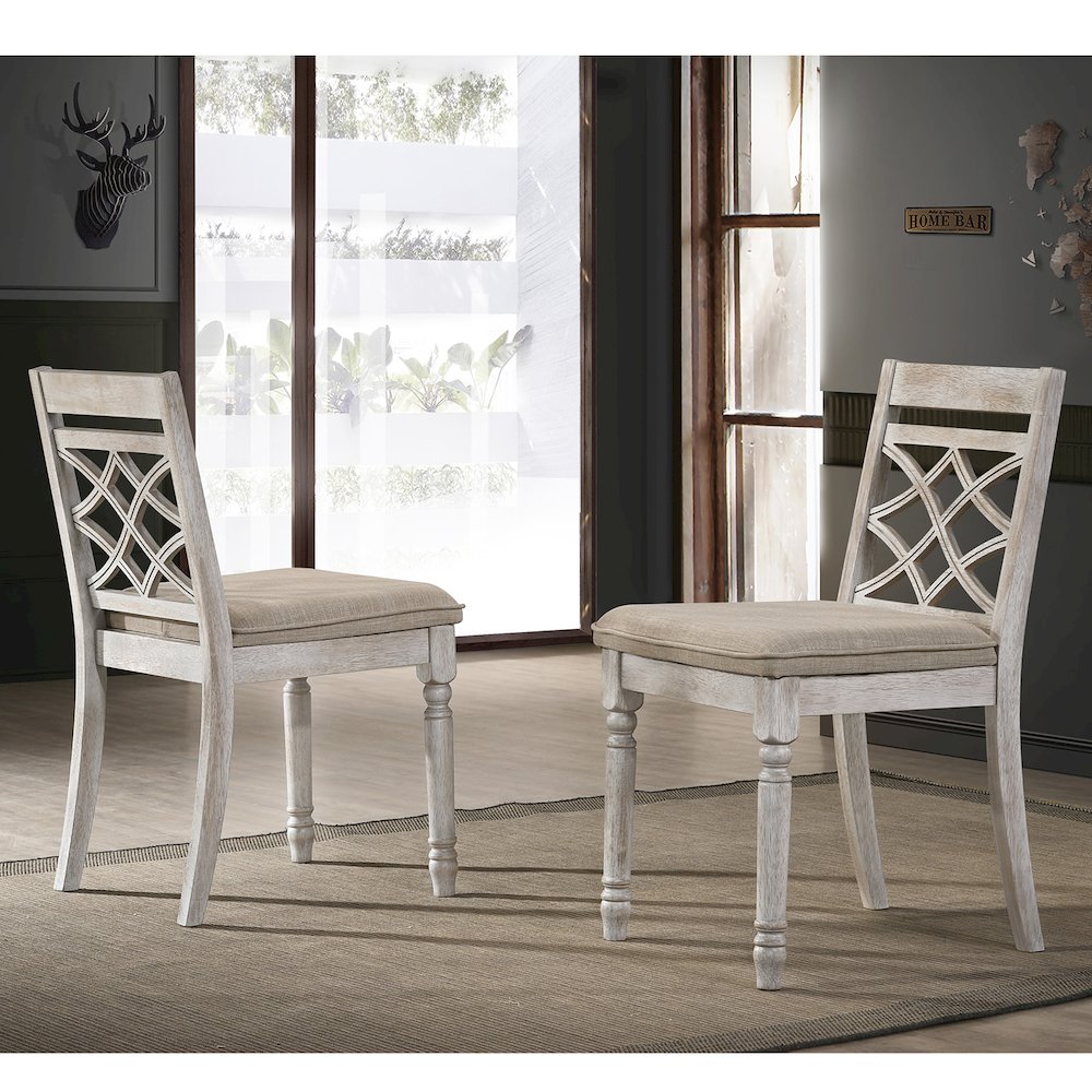 Set of 2 Fabric Upholstered Side Chairs with Patterned Backrest in Off White. Picture 2
