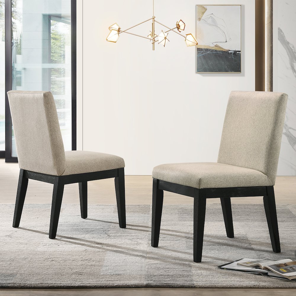 Set of 2 Fabric Upholstered Dining Side Chairs in Beige and Ebony Black. Picture 2